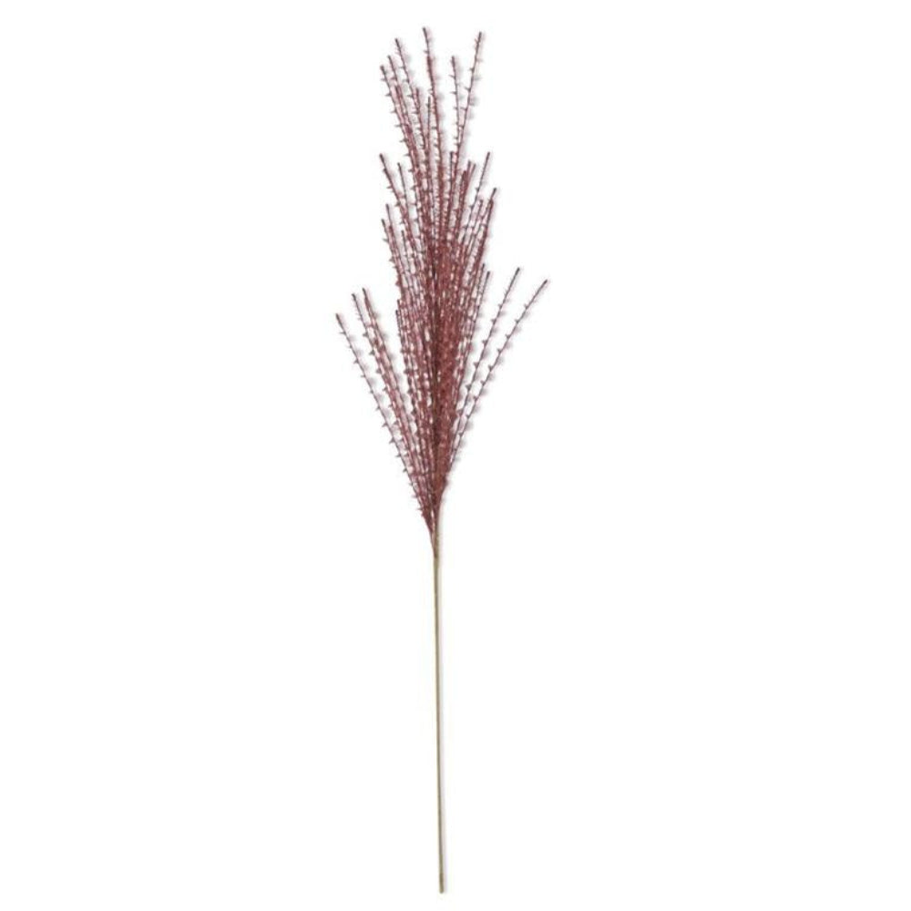 A single decorative faux floral stem with textured, thin burgundy branches fanning out on a white background.