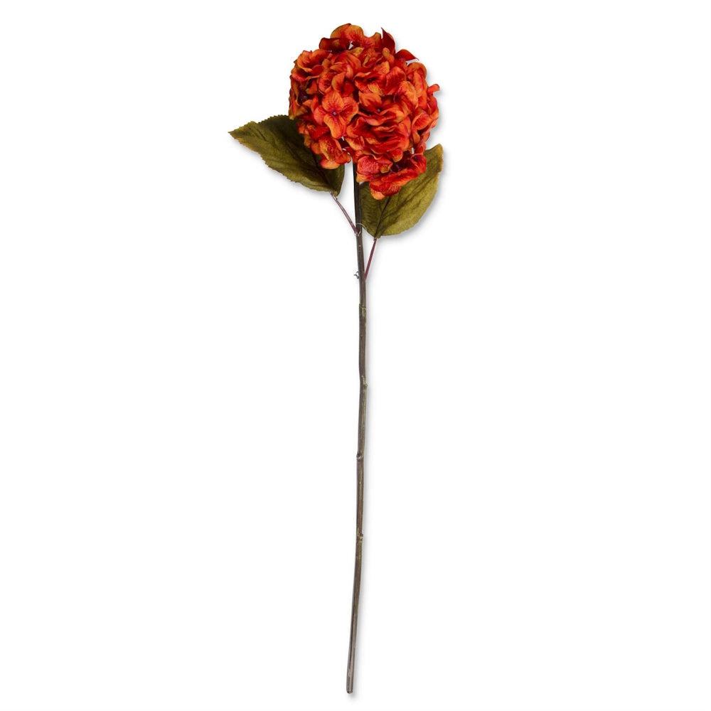 Artificial burnt orange hydrangea bloom on a long stem with two green leaves.