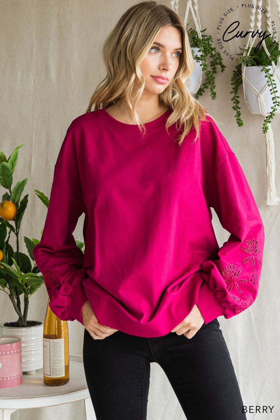 Women's Embroidery Sleeve Cotton Terry Pullover Berry — alternate view 2