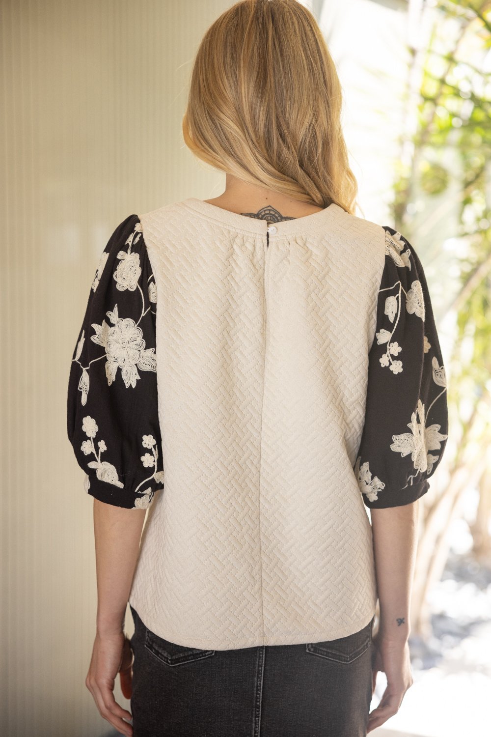 Floral Embroidered Contrast Puff Sleeve Top — alternate view 4