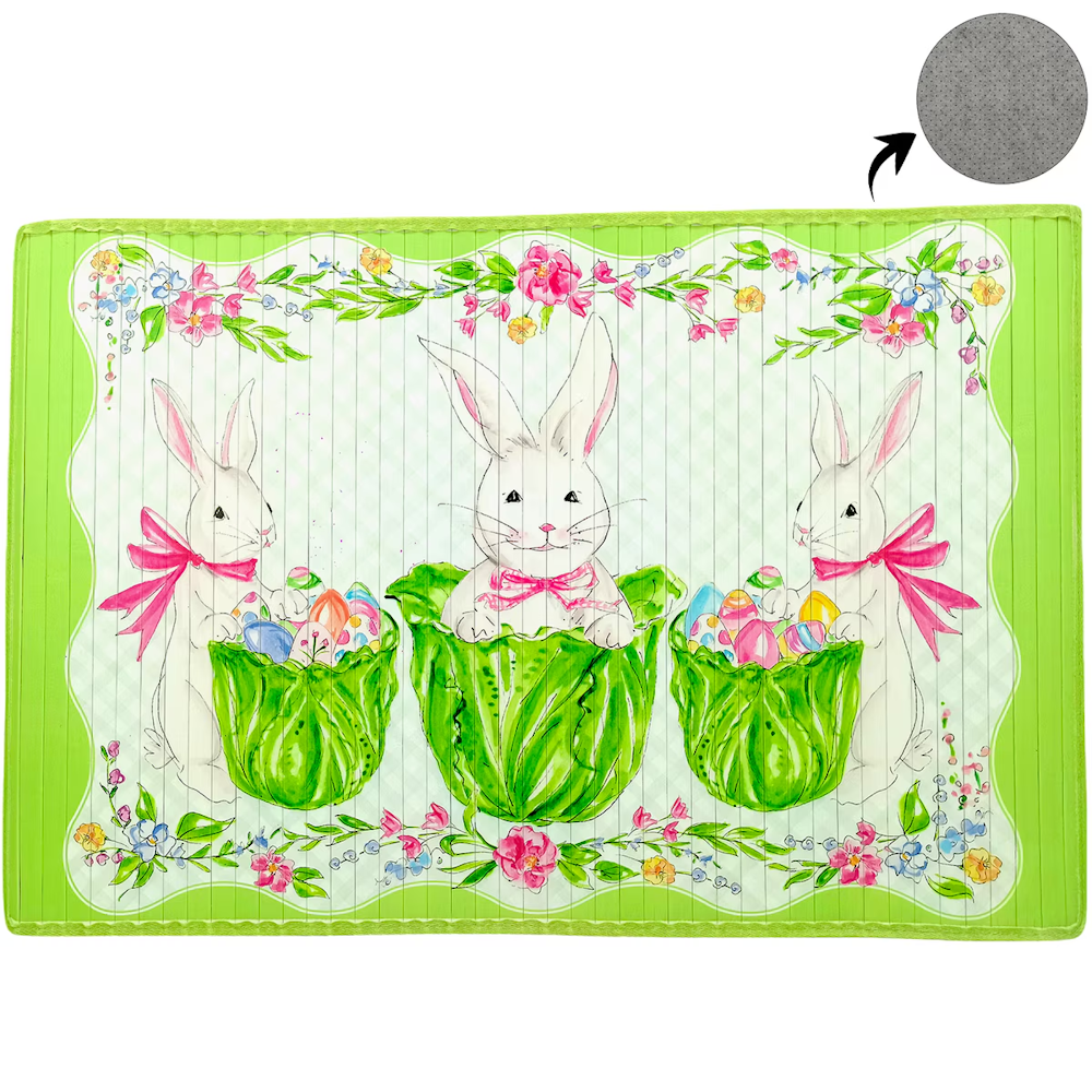 Easter bamboo door mat featuring three white bunnies in green cabbage baskets with colorful eggs and floral borders.