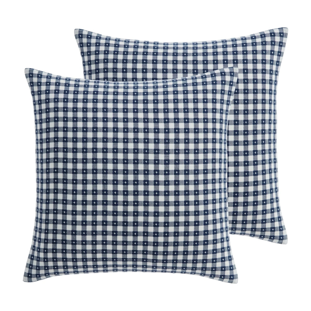 Pair of square pillow shams featuring a navy blue and white gingham check pattern with stitched accents.