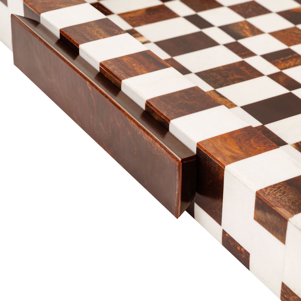Close-up of a brown and white checkered marble tray with a matching handle, featuring a polished finish and sleek edges.