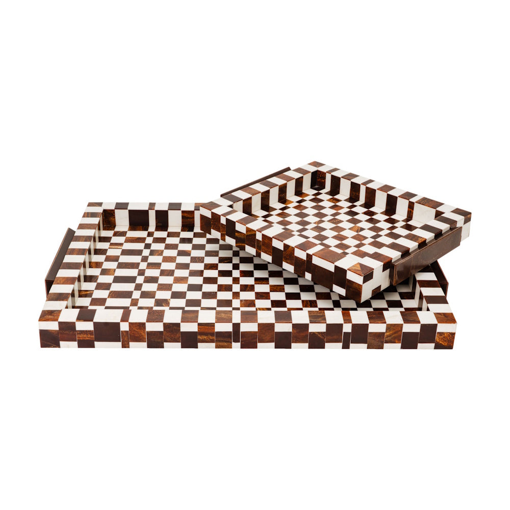 Set of two checkered decorative trays in brown and white bone inlay with metal handles for home decor.