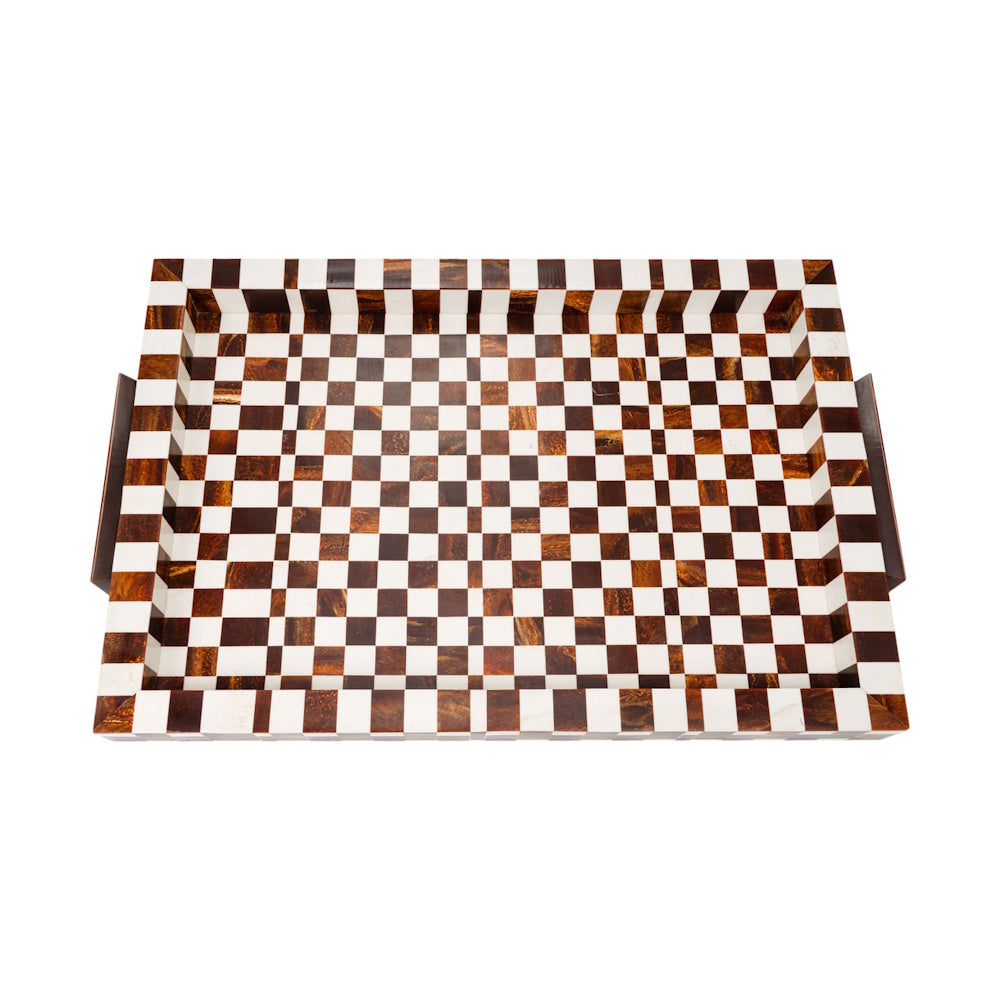 Rectangular decorative tray with a brown and white checkered bone inlay pattern and side handles on a white background.