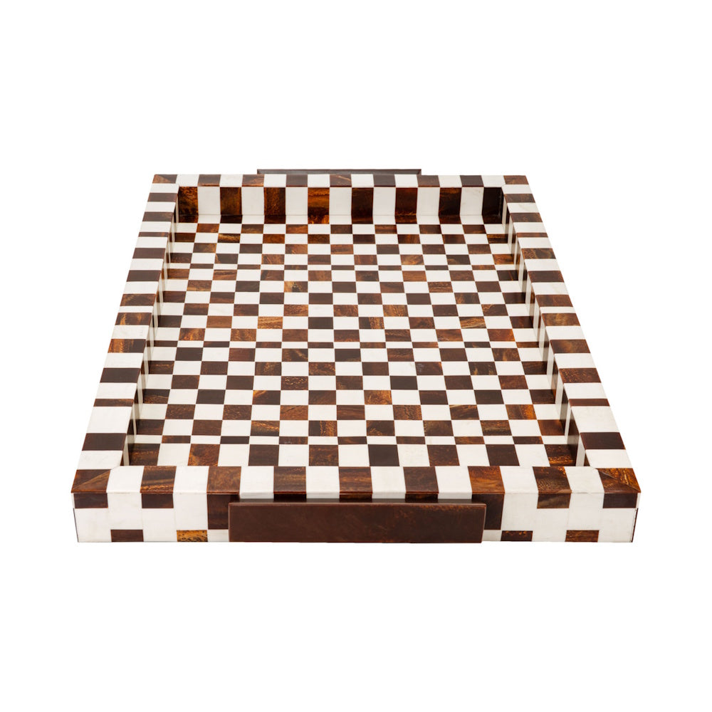 Large rectangular tray with a brown and white checkered bone inlay pattern and dark wood side handles on a white background.