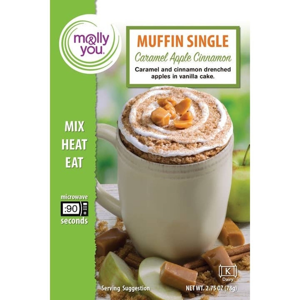 Packaging for Molly & You Caramel Apple Cinnamon single-serve microwave mug muffin mix.