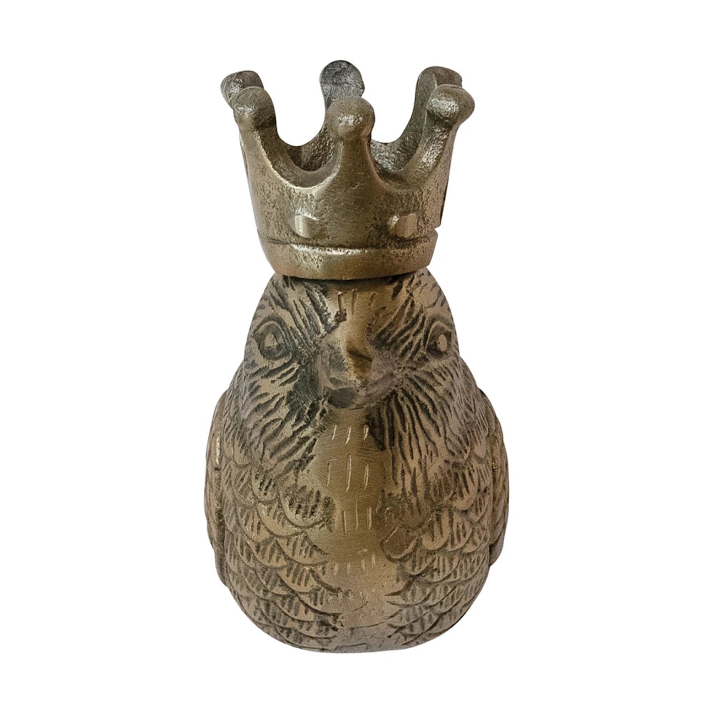 Antique brass cast aluminum bird head wall decor with crown, front view, isolated on white background.