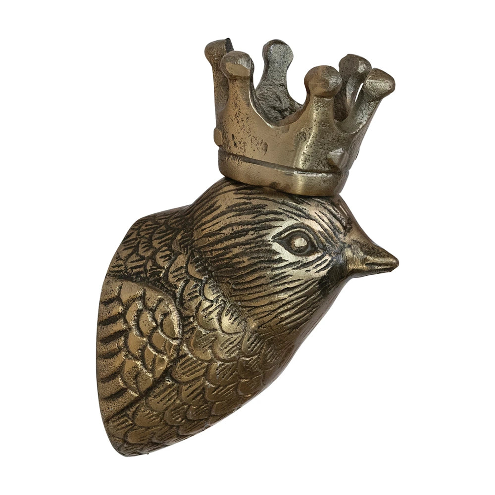 Cast aluminum bird head wall decor with a crown in a vintage brass finish, isolated on a white background.