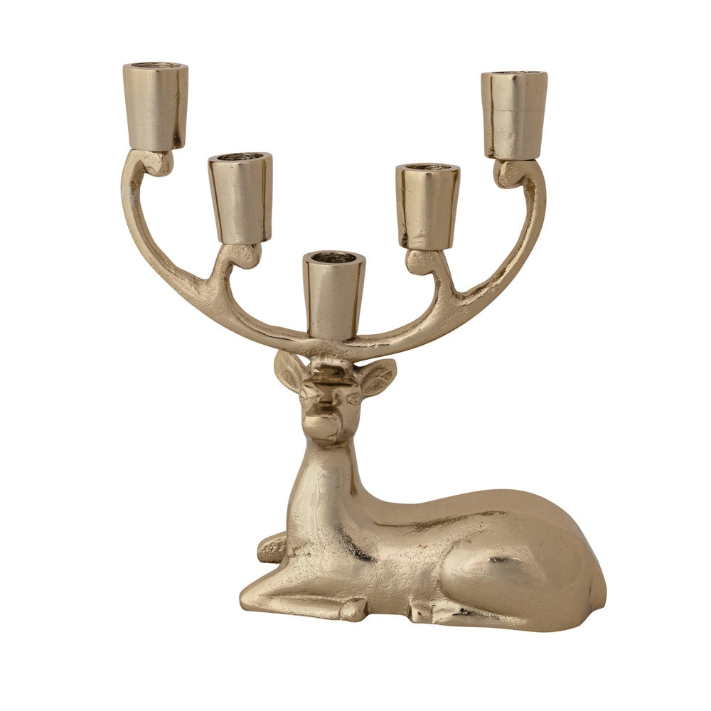 Gold cast aluminum deer candelabra with five candle holders integrated into its antlers.