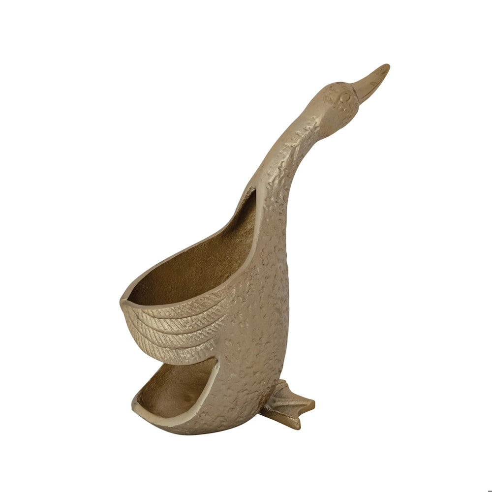 Gold duck-shaped bottle holder with a textured finish, designed with its beak raised on a white background.