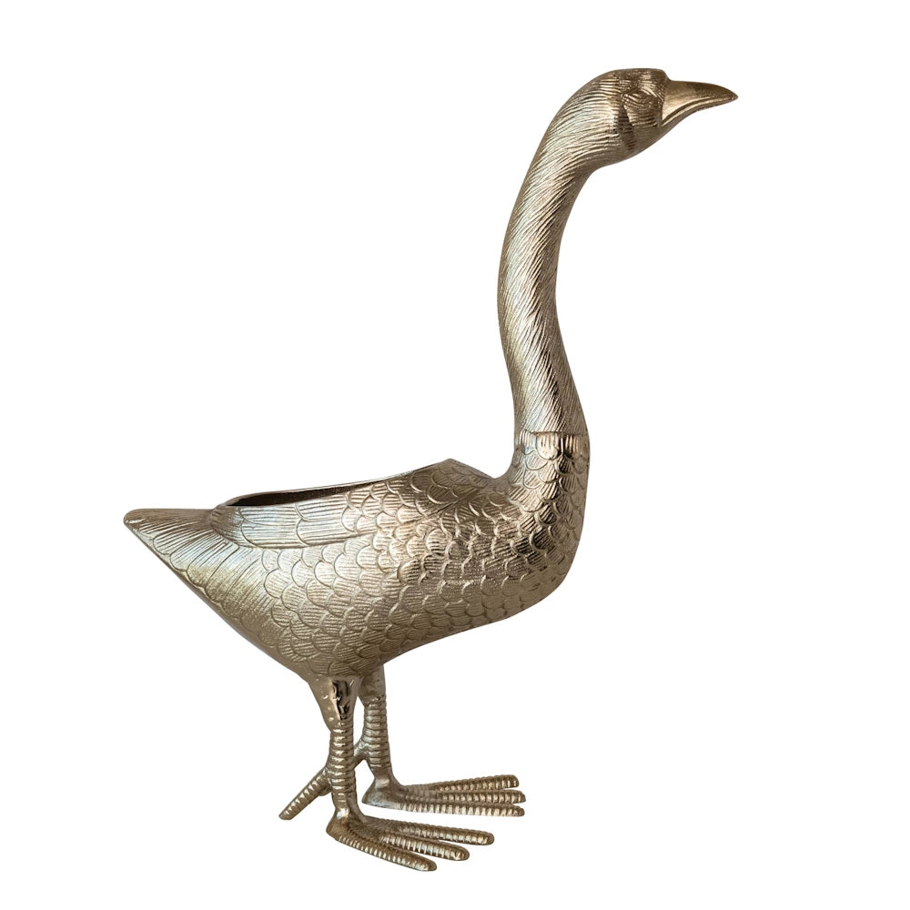 Vintage silver cast aluminum goose-shaped planter with detailed feather engraving and a long neck on a white background.