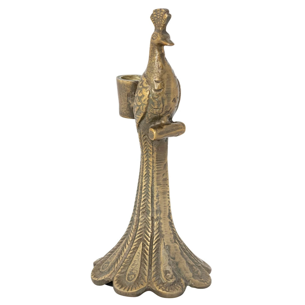 Antique brass peacock taper candle holder made of cast aluminum with detailed feather base and elegant bird silhouette.