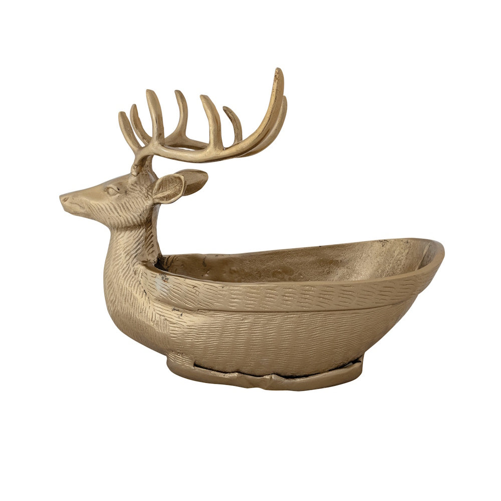 A profile view of a gold cast aluminum reindeer-shaped bowl.