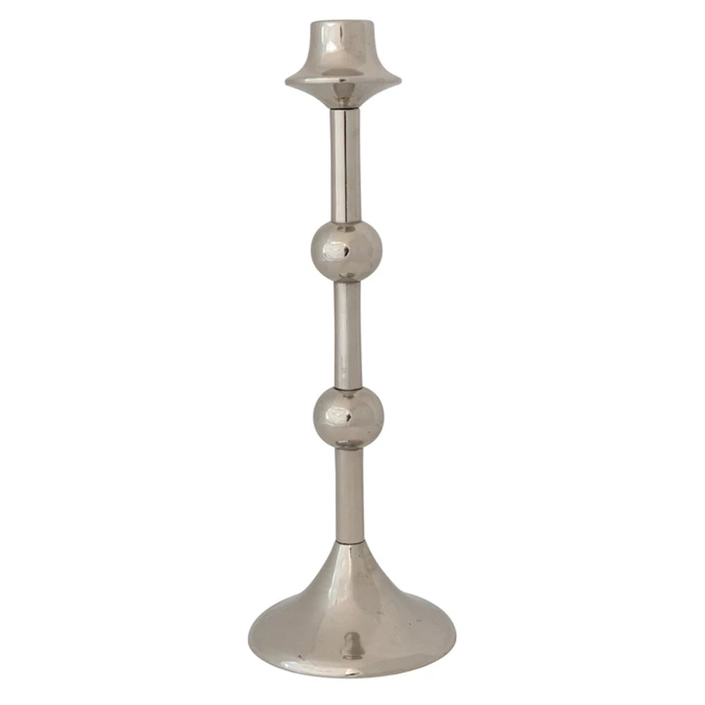 Polished silver cast aluminum taper candle holder with a sleek spindle neck and two decorative spheres.