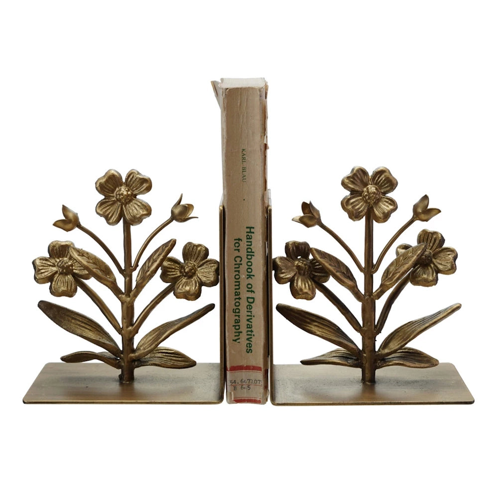 Antique gold finish metal flower bookends, decorative floral bookshelf accessory for home office decor.