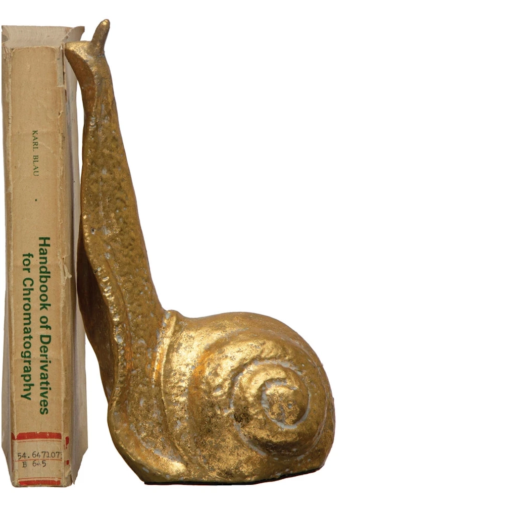 Gold snail bookend with textured metallic finish propping up a vintage "Handbook of Derivatives" science book.