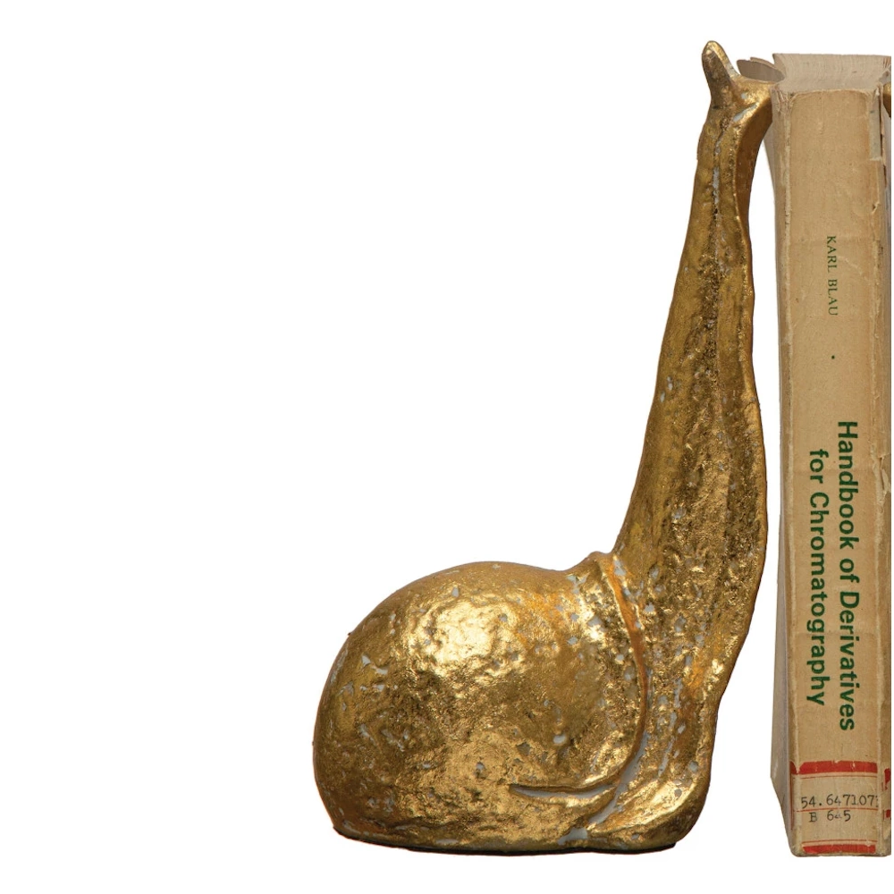 Decorative gold snail sculpture acting as a bookend for a vintage science textbook.