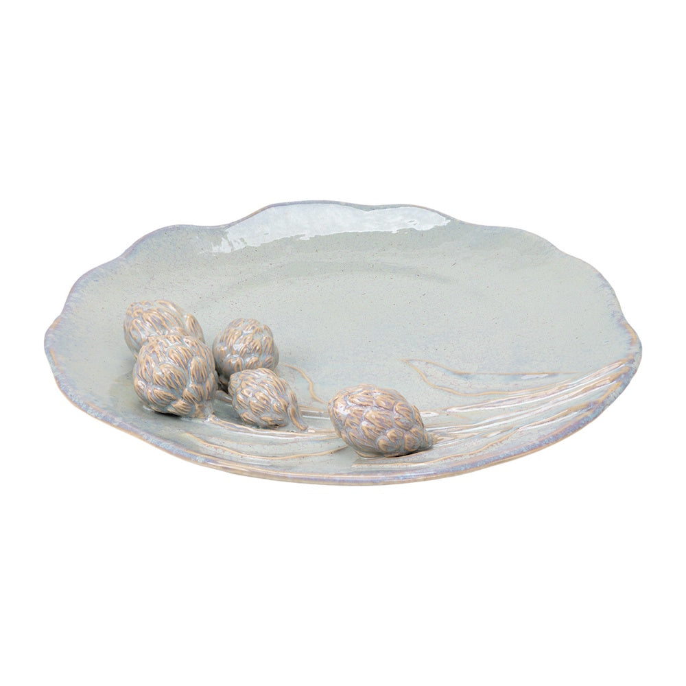 Light blue ceramic platter with wavy edges and 3D artichoke sculptures on the surface.