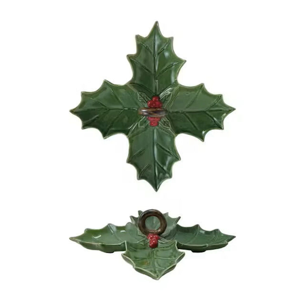 Green & Red Ceramic Holly Leaf Shaped Dish — alternate view 2