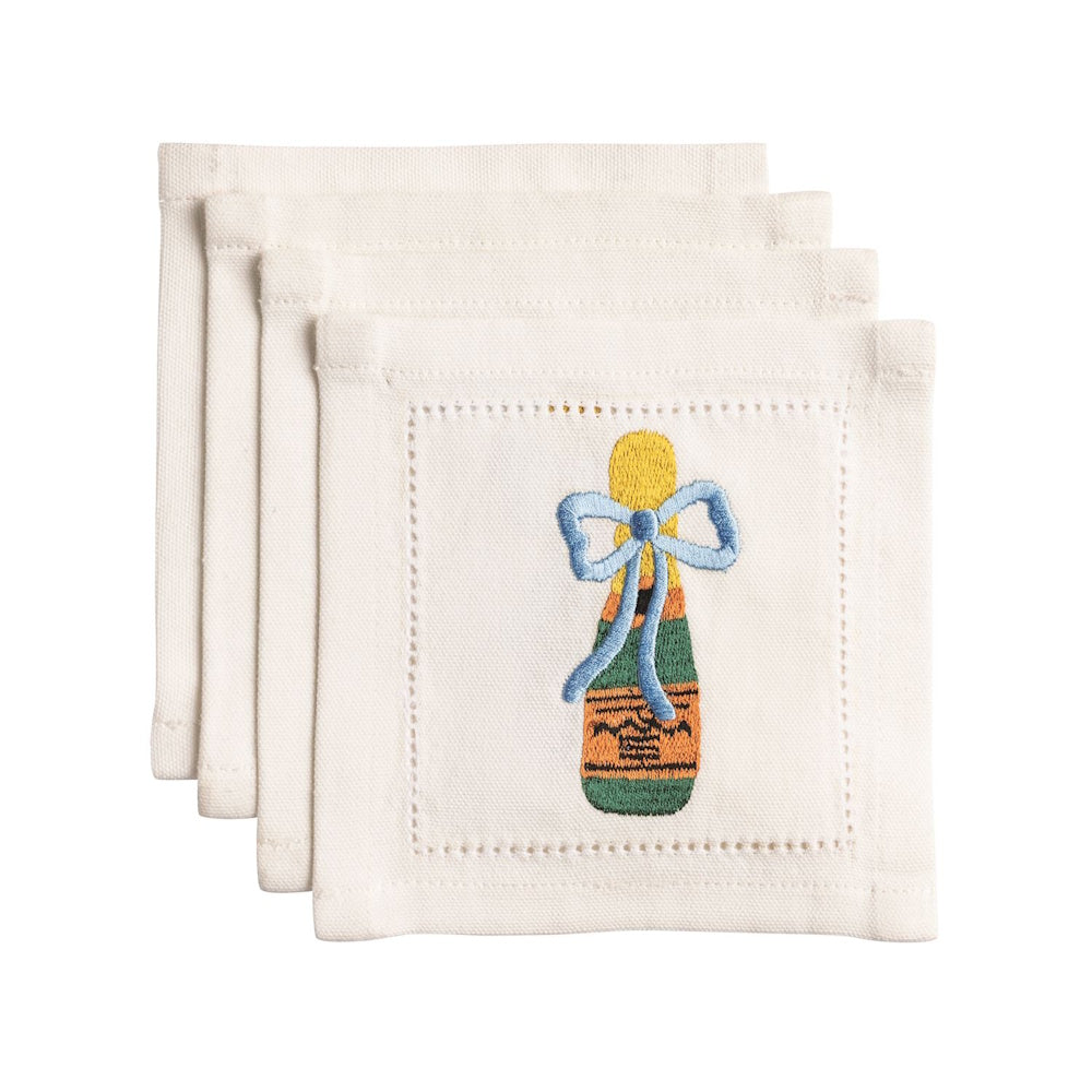 Embroidered champagne bottle cocktail napkins with blue bow, set of four, white linen with hemstitch border.