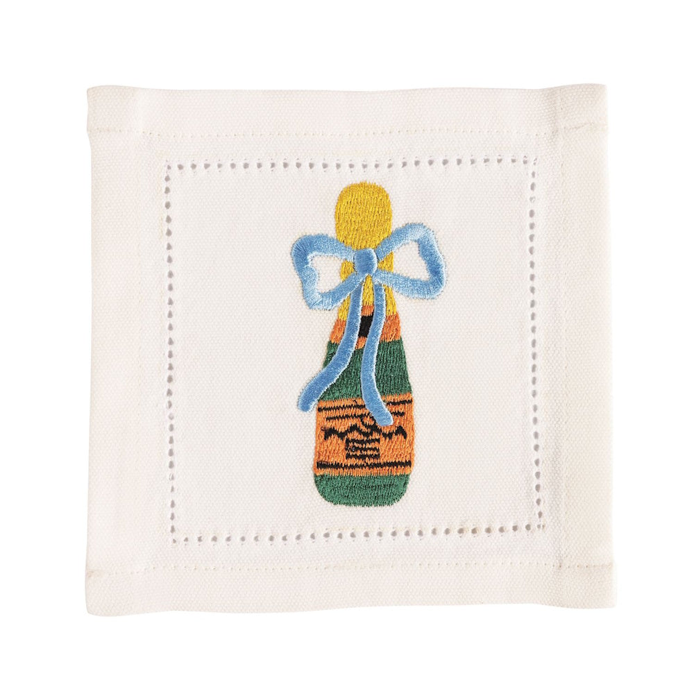 Embroidered champagne bottle cocktail napkin with a blue bow, white linen with a hemstitch border.