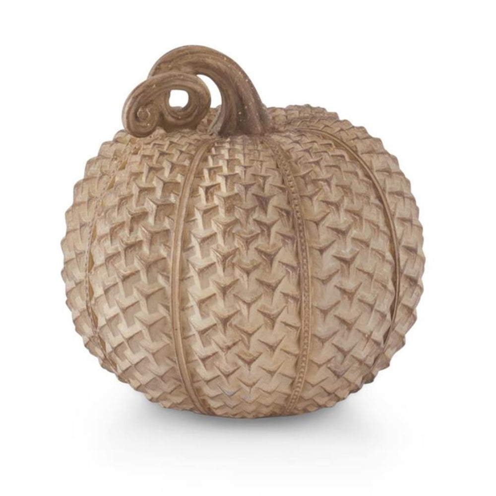 Beige textured resin decorative pumpkin with a woven geometric chevron pattern and a curled stem.