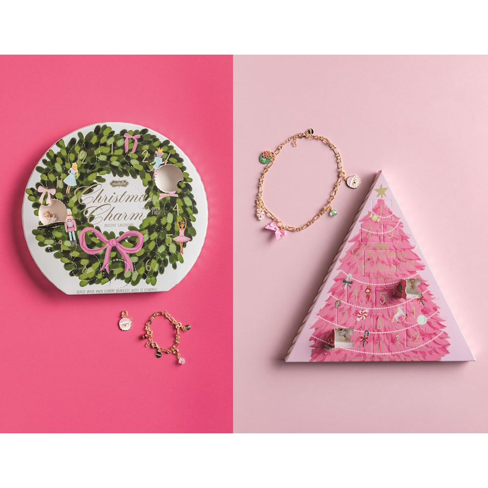 Christmas charm advent calendars in wreath and tree shapes with charm bracelets on pink background.