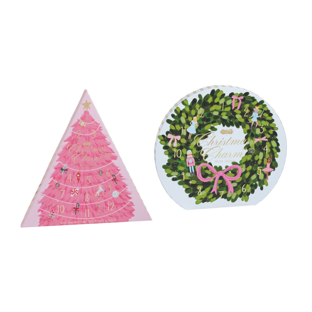 Two Christmas charm advent calendars, one shaped like a pink tree and one like a green wreath.
