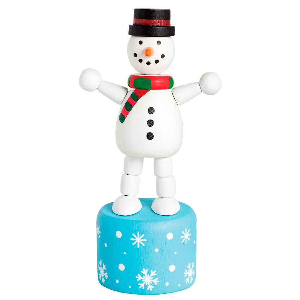 Wooden snowman push press toy wearing a black top hat and striped scarf, standing on a blue snowflake base.