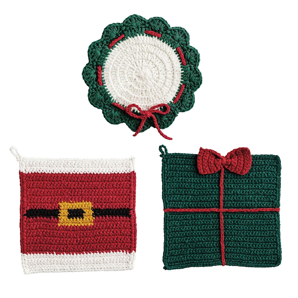 Set of three Christmas crochet potholders featuring a wreath, Santa's belt, and a wrapped gift design.
