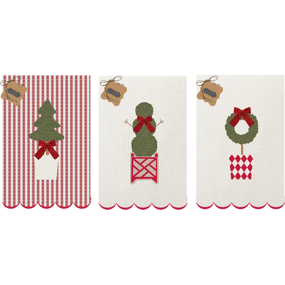 Three Christmas towels with a tree on red stripes, a topiary, and a wreath.