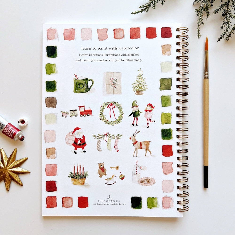Back cover of a Christmas watercolor workbook displaying festive illustrations and swatches.