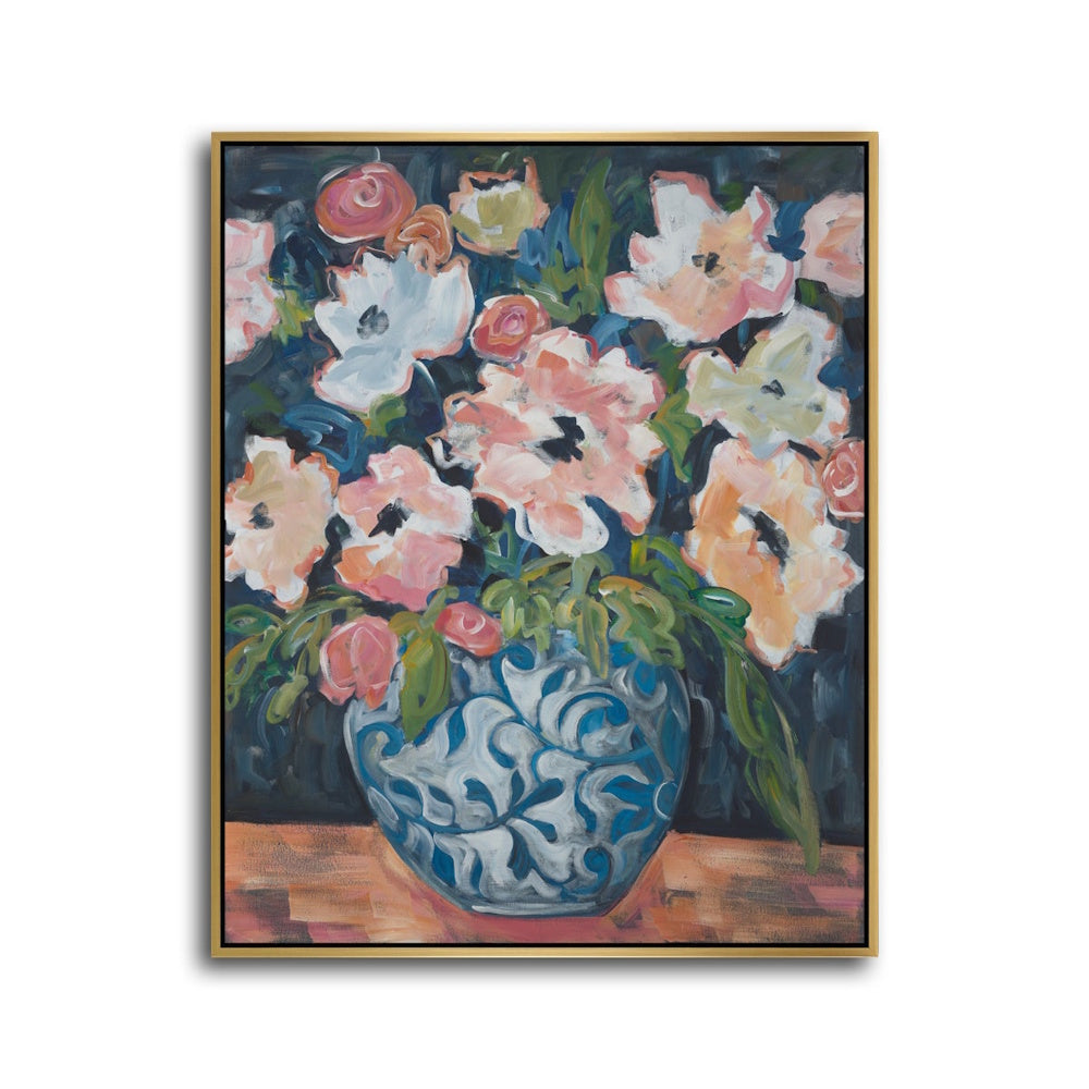 Framed impressionist painting of pink and white flowers in a blue and white patterned vase against a dark background.