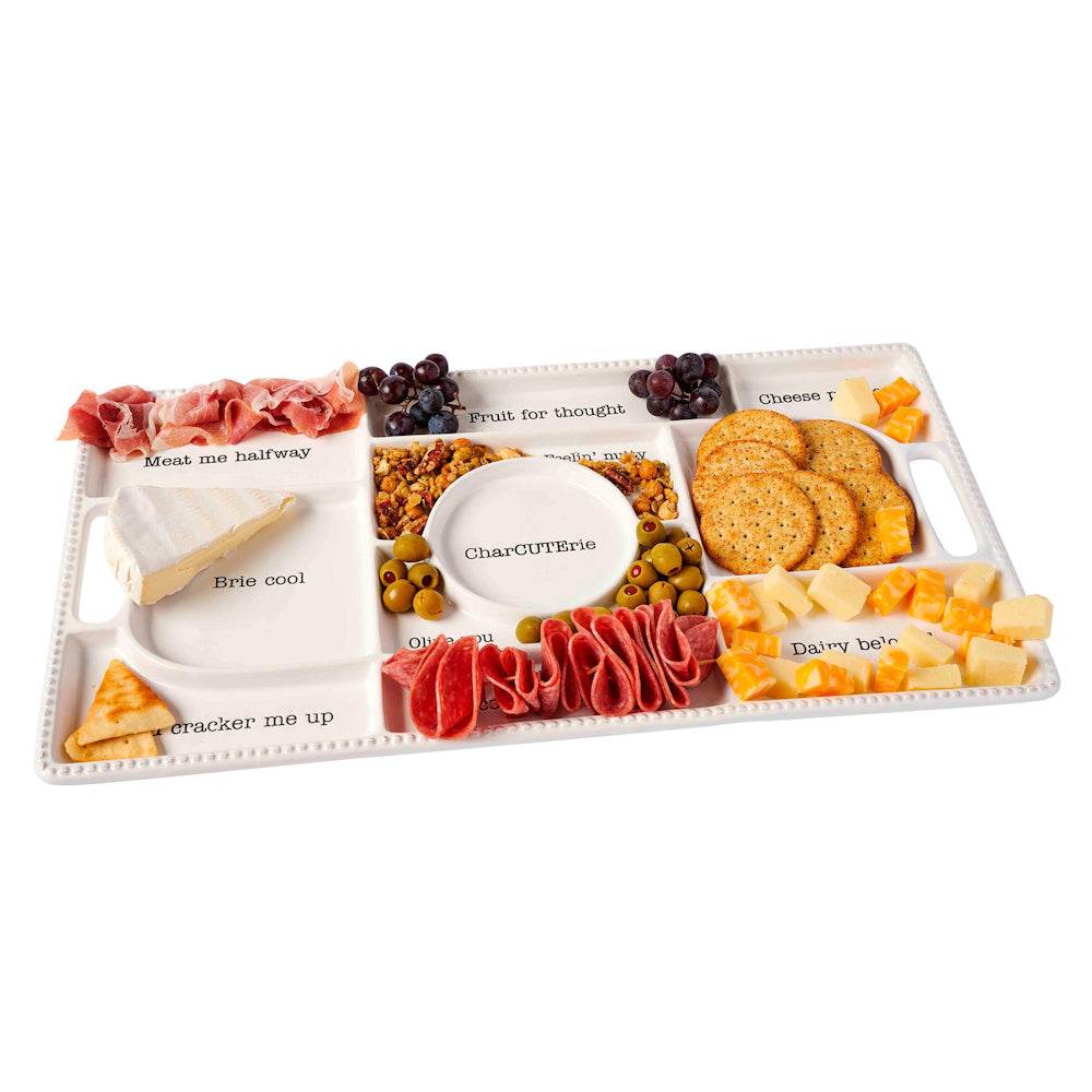 Ceramic charcuterie platter with sections for meat, cheese, and fruit, featuring puns like "Brie cool" and "Meat me halfway."