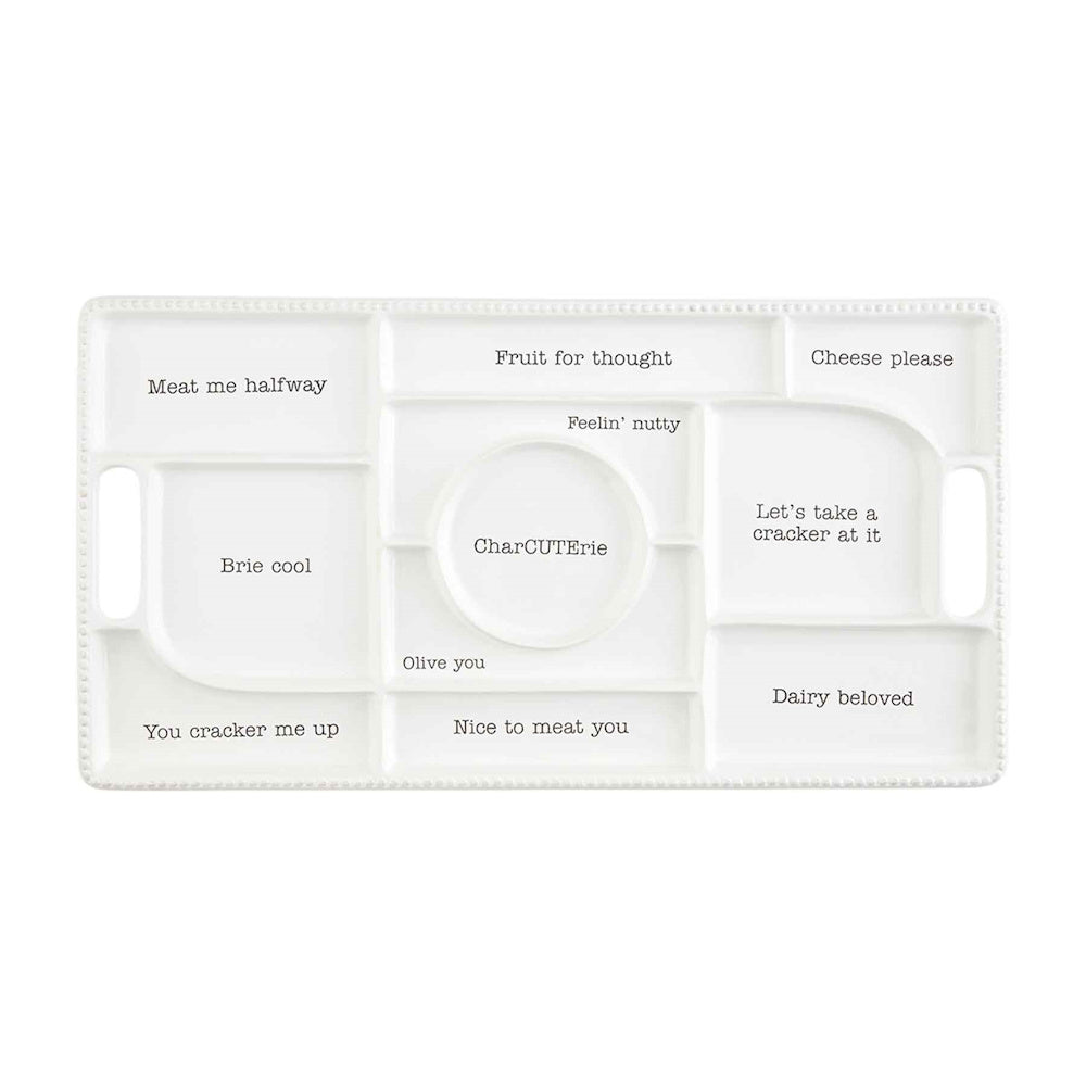 White ceramic divided charcuterie tray featuring pun-filled sections and beaded rim detail on a white background.