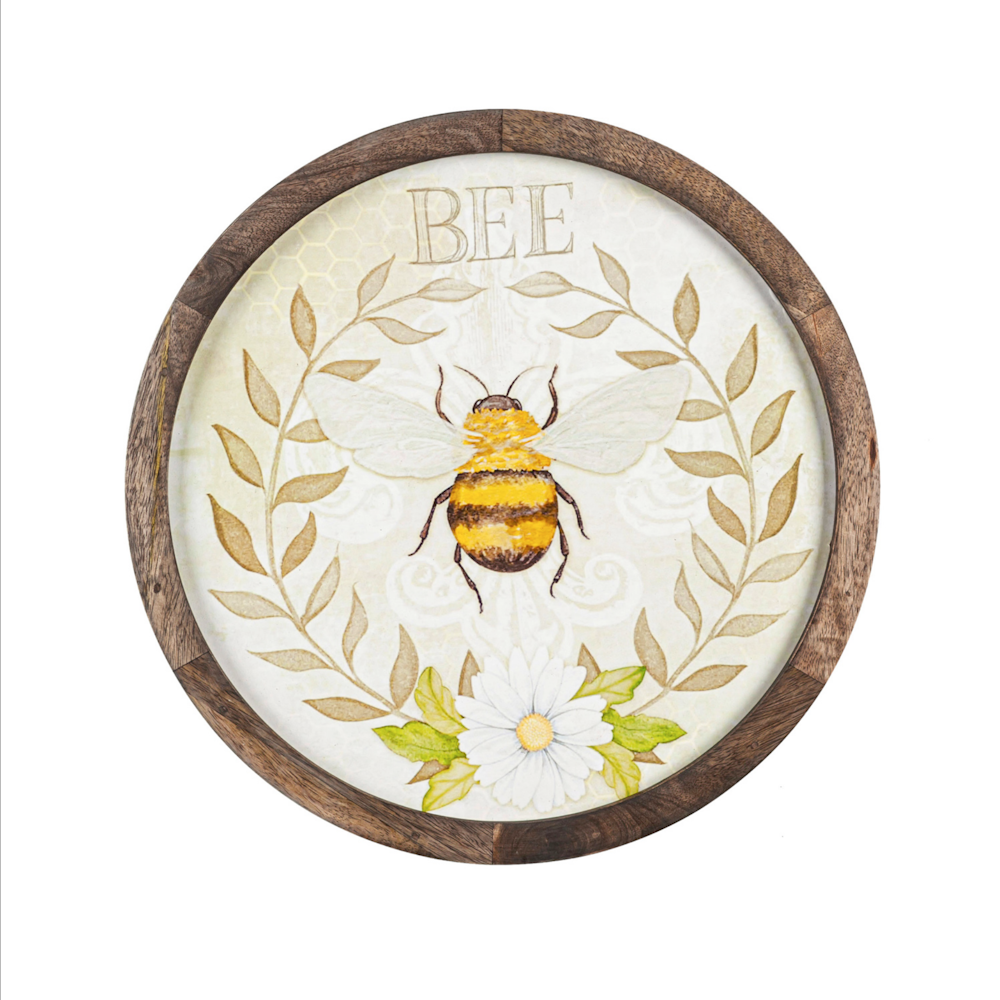 Round wooden tray with a bumblebee illustration, a white daisy, and the word "BEE" at the top.