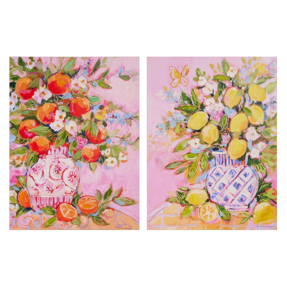 Two impressionist paintings of orange and lemon bouquets in patterned vases against a pink background.