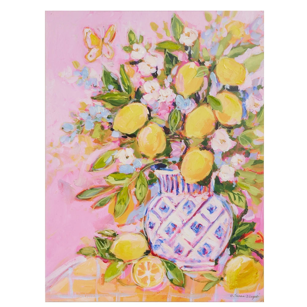 Impressionistic painting of lemons and white flowers in a blue and white patterned vase against a pink background.