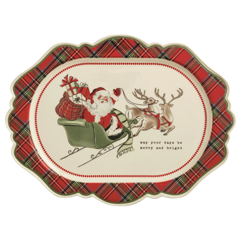 Tartan plaid oval serving platter with a vintage illustration of Santa in a sleigh pulled by reindeer.