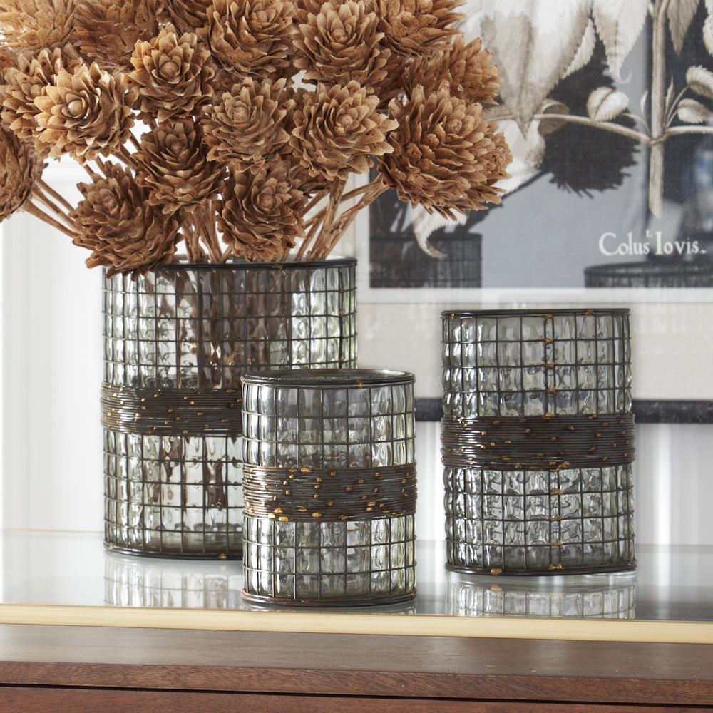 Clear Blown Glass Vases in Metal Cage