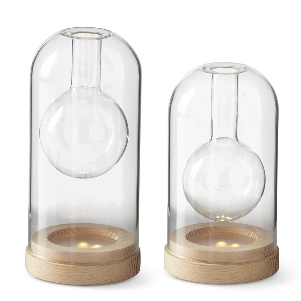 Two clear glass cloche bud vases with LED lights and natural wood bases.