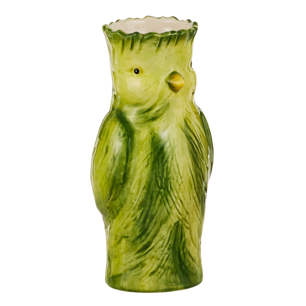 A green ceramic vase shaped like a parrot, with detailed feather textures, a yellow beak, and a glossy finish, set against a white background.