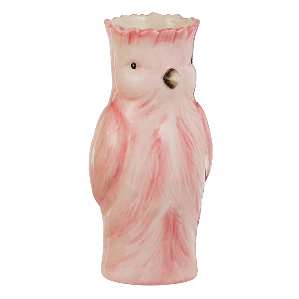 A pink ceramic vase shaped like a cockatoo, featuring detailed feather texture and a scalloped top, set against a white background.