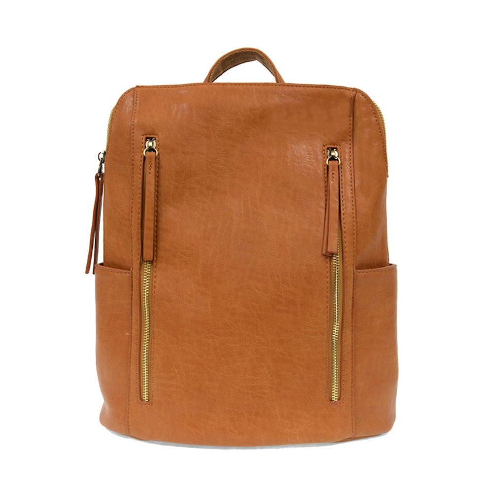Medium brown faux leather backpack with vertical front zippers.