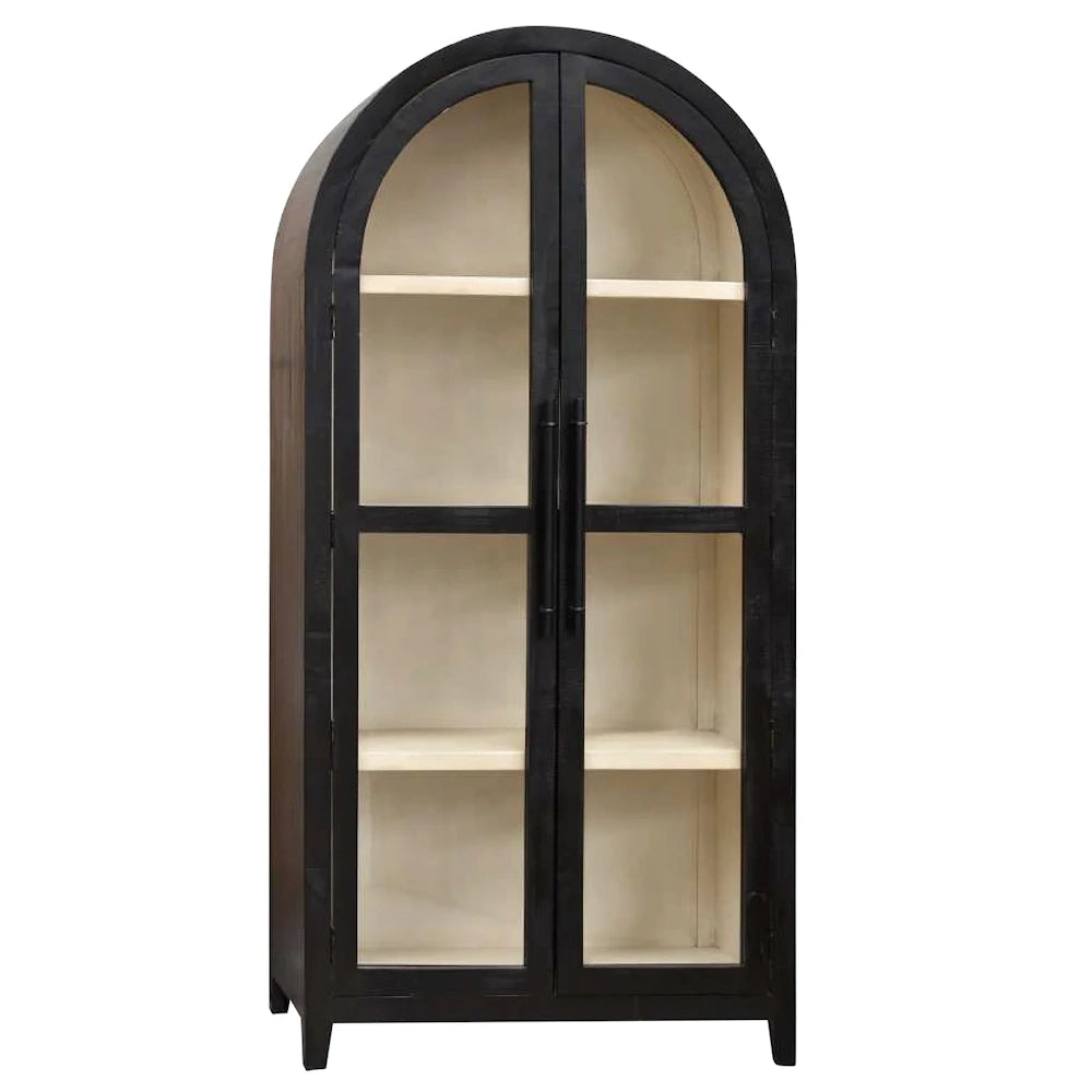 Modern arched black wood display cabinet with glass doors and three light-colored interior shelves.