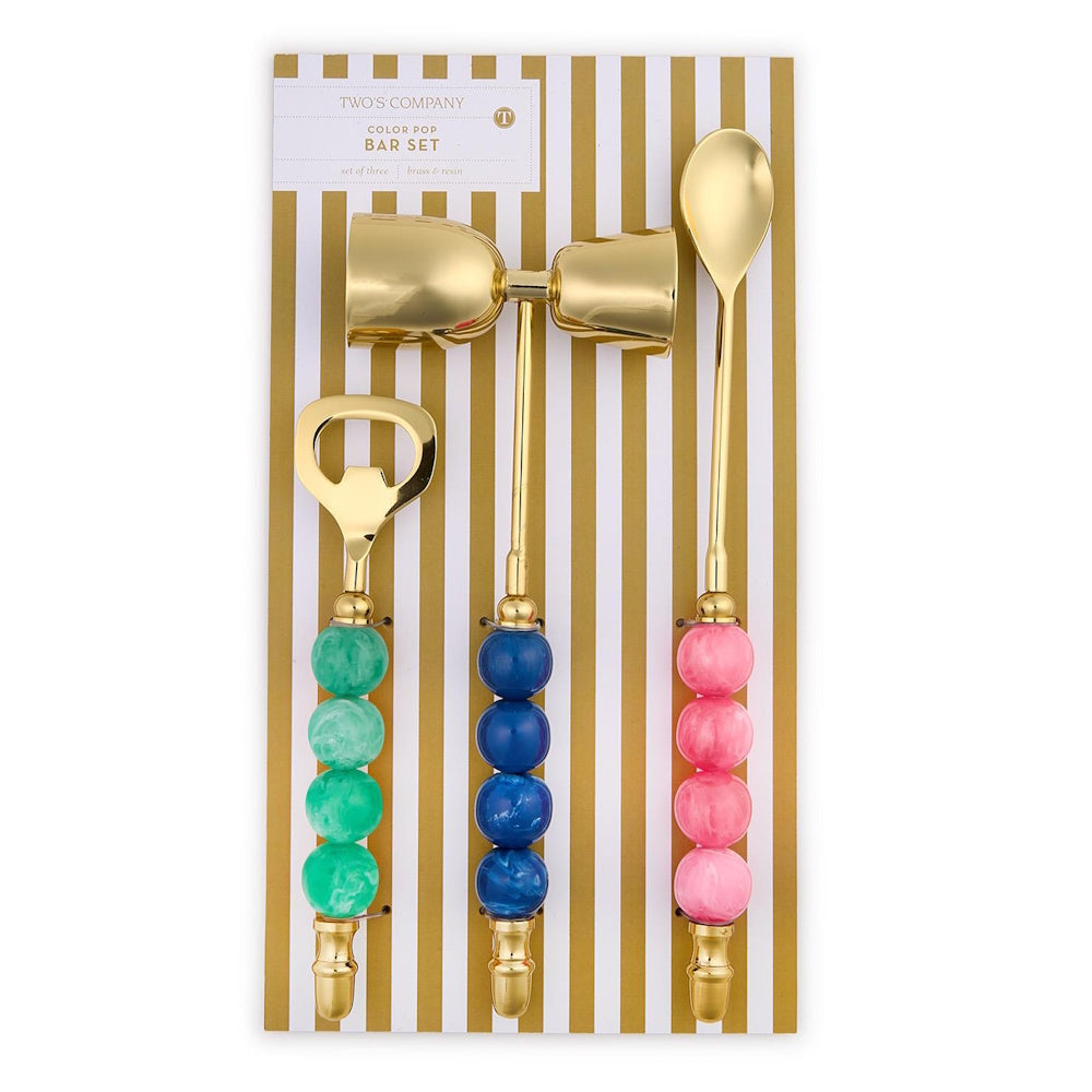 Three-piece gold bar set with colorful beaded handles on a gold and white striped packaging card.