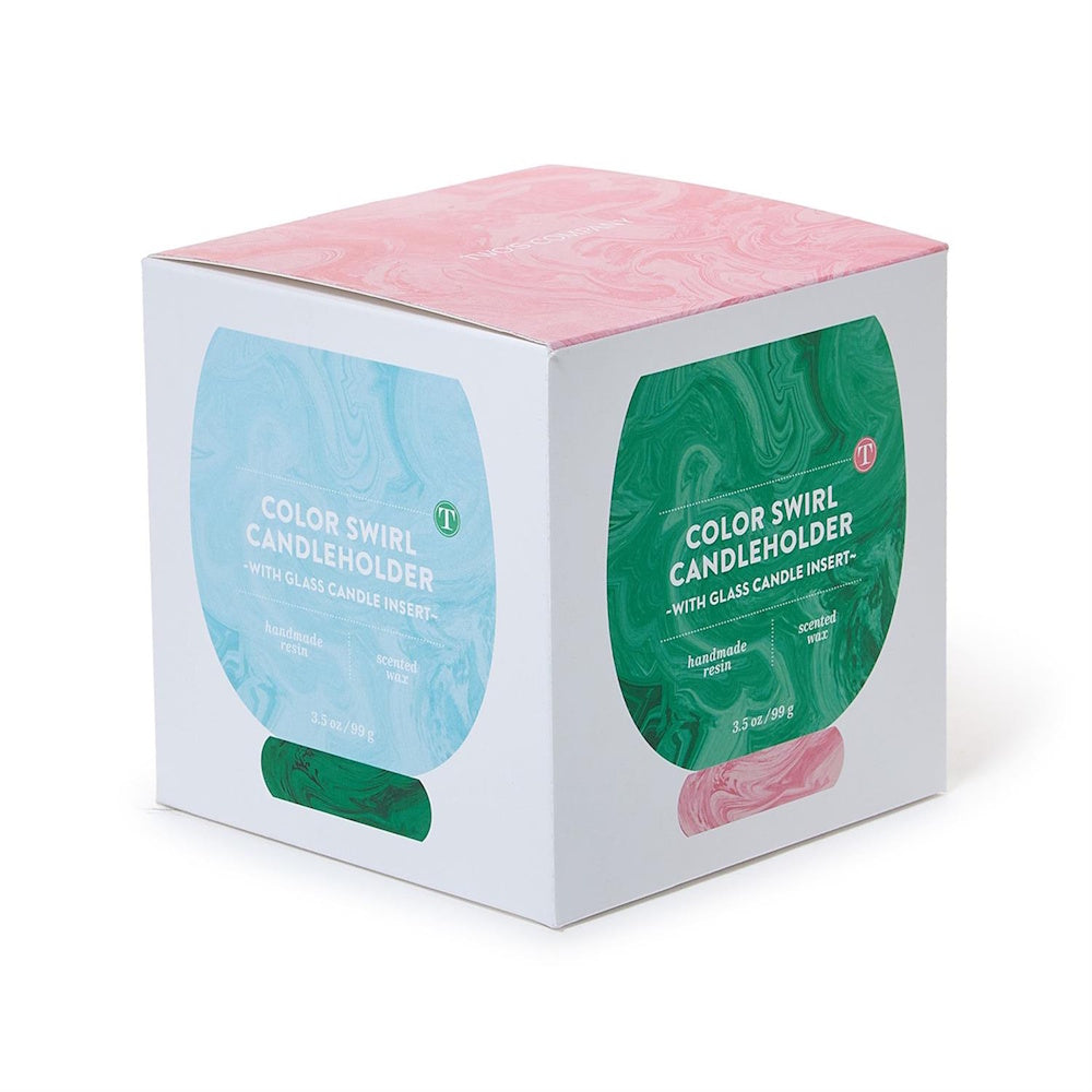Square packaging box for a color swirl candleholder with glass candle insert.