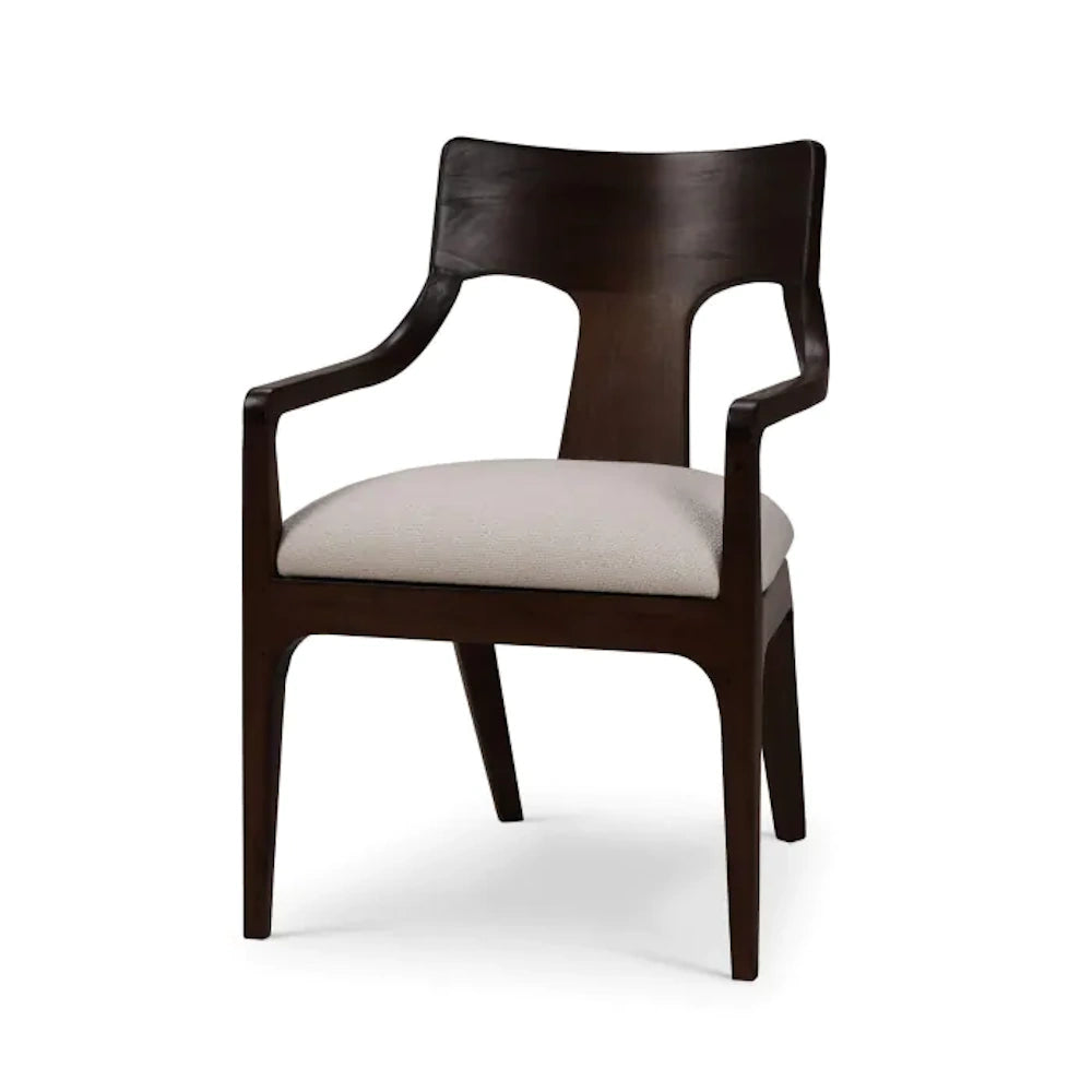 Colorado dark wood dining armchair with cream cushioned seat.