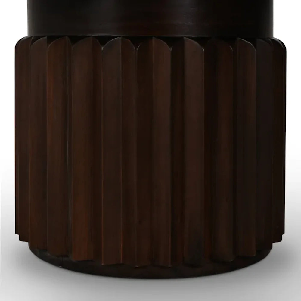 Dark brown fluted pedestal dining table base with a faceted column design.
